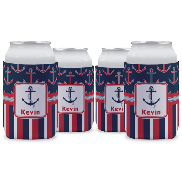 Custom Nautical Anchors & Stripes Can Cooler (12 oz) - Set of 4 w/ Name or Text