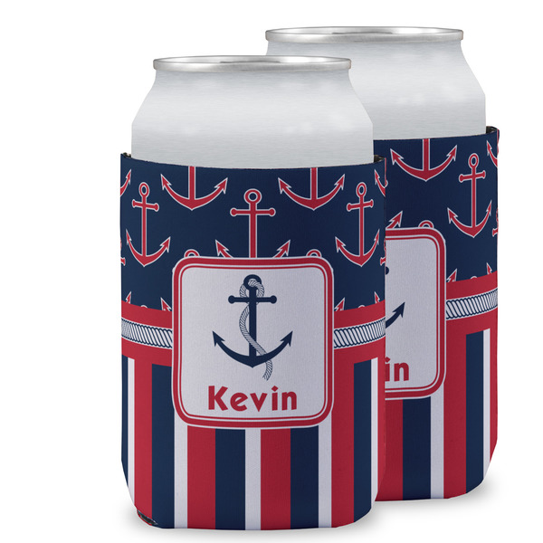 Custom Nautical Anchors & Stripes Can Cooler (12 oz) w/ Name or Text