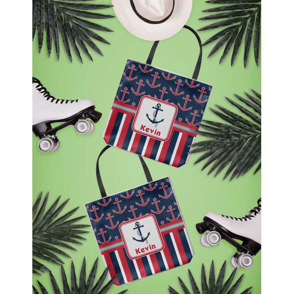 Nautical Anchors & Stripes Canvas Tote Lifestyle Front and Back- 13x13