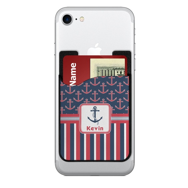 Custom Nautical Anchors & Stripes 2-in-1 Cell Phone Credit Card Holder & Screen Cleaner (Personalized)