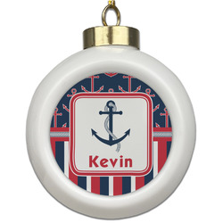 Nautical Anchors & Stripes Ceramic Ball Ornament (Personalized)