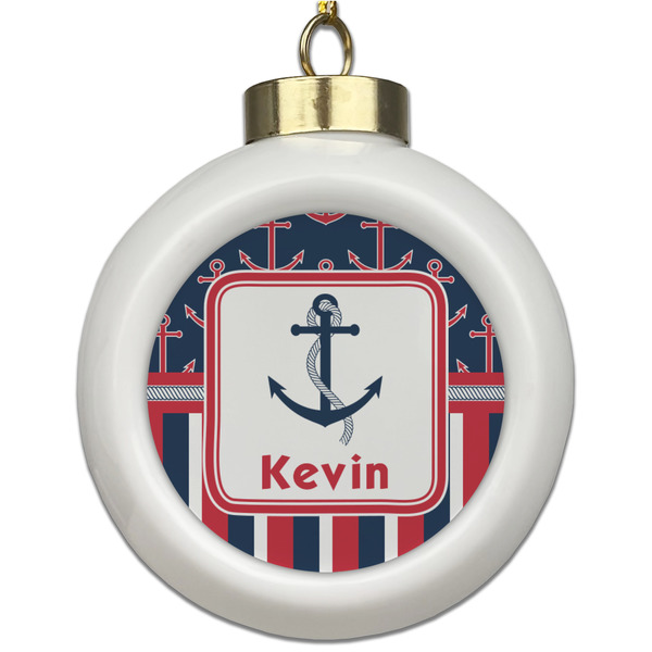 Custom Nautical Anchors & Stripes Ceramic Ball Ornament (Personalized)