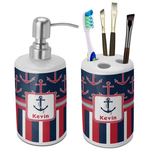 Custom Nautical Anchors & Stripes Ceramic Bathroom Accessories Set (Personalized)