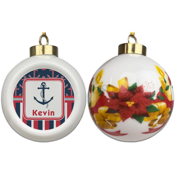 Nautical Anchors & Stripes Ceramic Christmas Ornament - Poinsettias (APPROVAL)