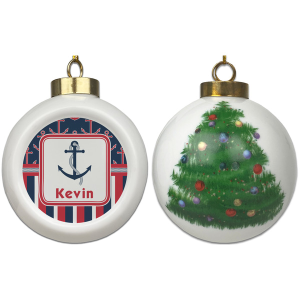Nautical Anchors & Stripes Ceramic Christmas Ornament - X-Mas Tree (APPROVAL)