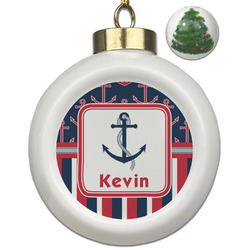 Nautical Anchors & Stripes Ceramic Ball Ornament - Christmas Tree (Personalized)