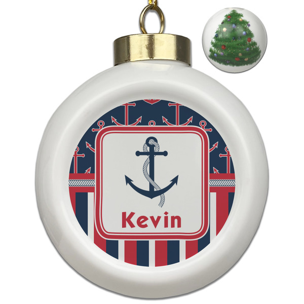 Custom Nautical Anchors & Stripes Ceramic Ball Ornament - Christmas Tree (Personalized)