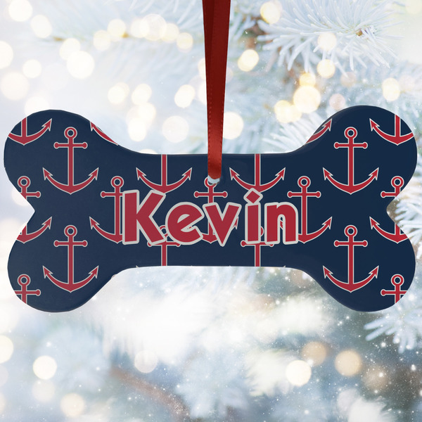 Custom Nautical Anchors & Stripes Ceramic Dog Ornament w/ Name or Text