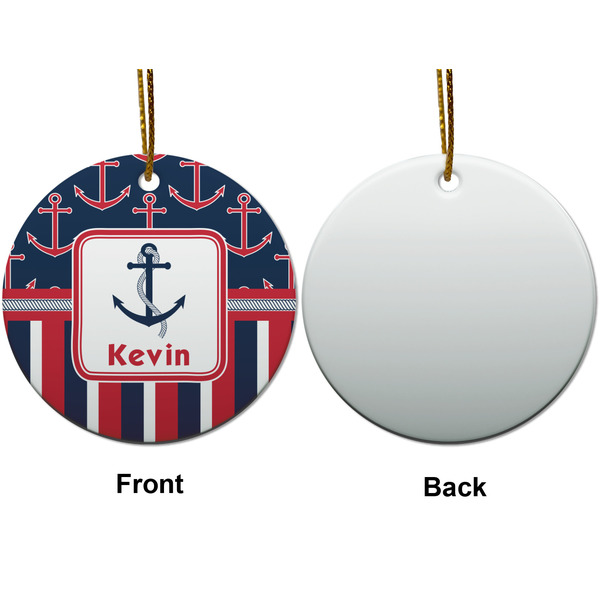 Nautical Anchors & Stripes Ceramic Flat Ornament - Circle Front & Back (APPROVAL)