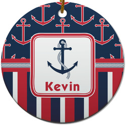 Nautical Anchors & Stripes Round Ceramic Ornament w/ Name or Text