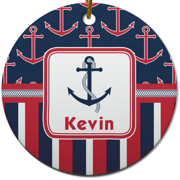 Custom Nautical Anchors & Stripes Round Ceramic Ornament w/ Name or Text