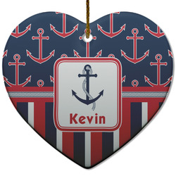 Nautical Anchors & Stripes Heart Ceramic Ornament w/ Name or Text