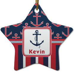 Nautical Anchors & Stripes Star Ceramic Ornament w/ Name or Text