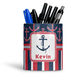 Nautical Anchors & Stripes Ceramic Pen Holder