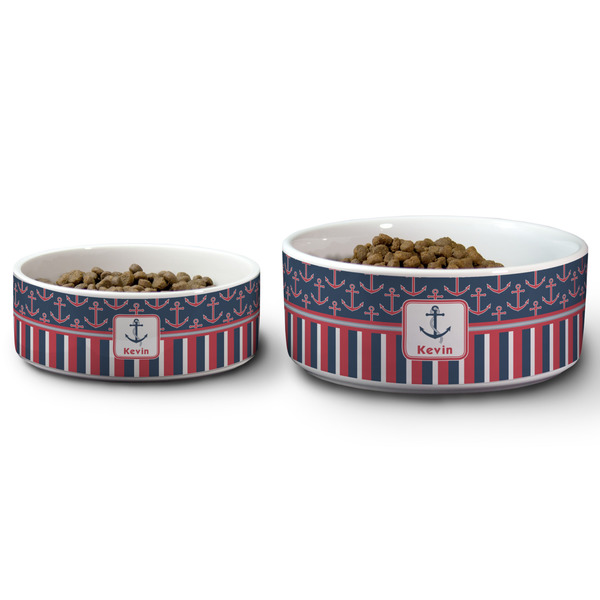 Nautical Anchors & Stripes Ceramic Dog Bowls - Size Comparison