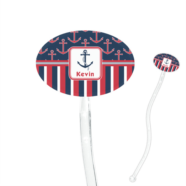 Custom Nautical Anchors & Stripes 7" Oval Plastic Stir Sticks - Clear (Personalized)