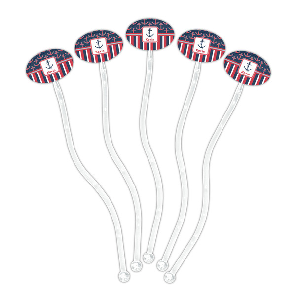 Nautical Anchors & Stripes Clear Plastic 7" Stir Stick - Oval - Fan