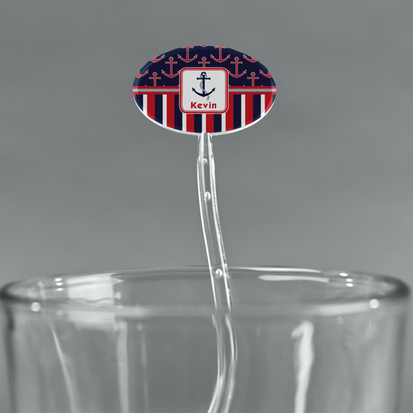 Nautical Anchors & Stripes Clear Plastic 7" Stir Stick - Oval - Main