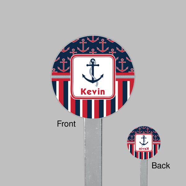 Nautical Anchors & Stripes Clear Plastic 7" Stir Stick - Round - Front & Back