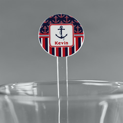 Nautical Anchors & Stripes 7" Round Plastic Stir Sticks - Clear (Personalized)