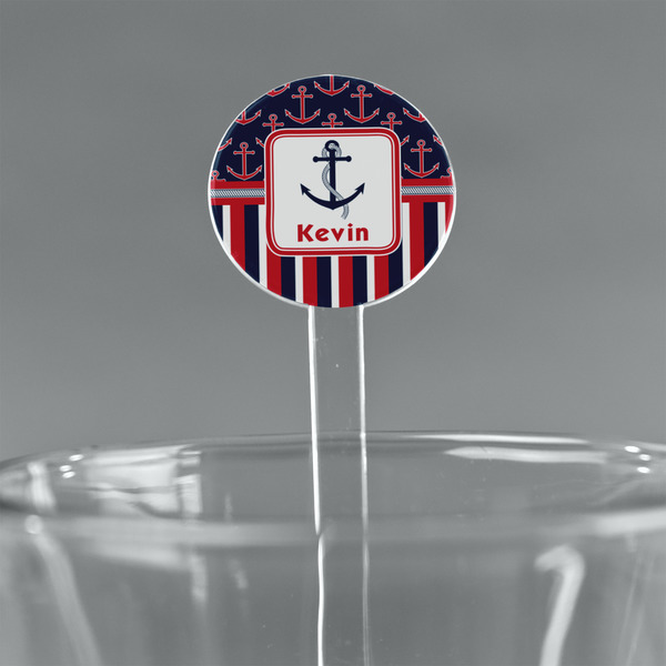 Custom Nautical Anchors & Stripes 7" Round Plastic Stir Sticks - Clear (Personalized)