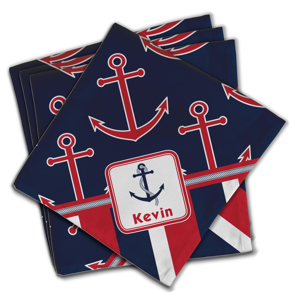 Custom Nautical Anchors & Stripes Cloth Napkins (Set of 4) (Personalized)