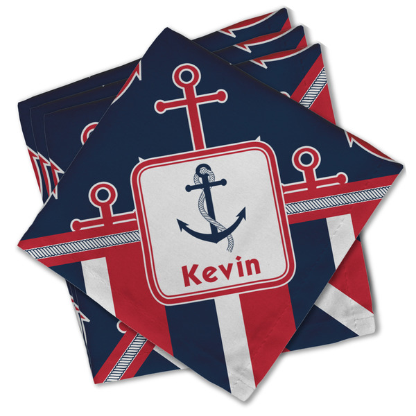 Custom Nautical Anchors & Stripes Cloth Cocktail Napkins - Set of 4 w/ Name or Text