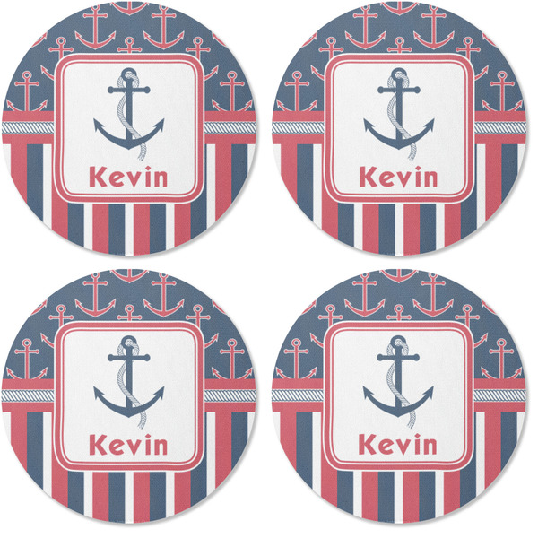 Nautical Anchors & Stripes Coaster Round Rubber Back - Apvl