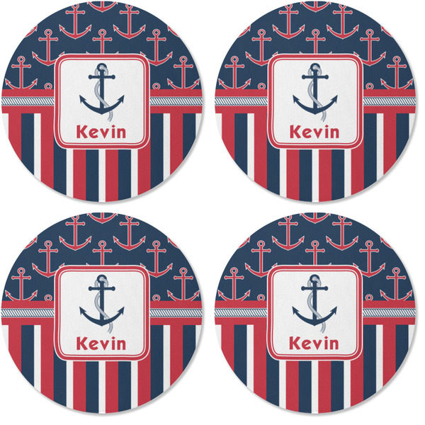 Nautical Anchors & Stripes Coaster Round Rubber Back - Apvl