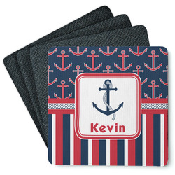 Nautical Anchors & Stripes Square Rubber Backed Coasters - Set of 4 (Personalized)