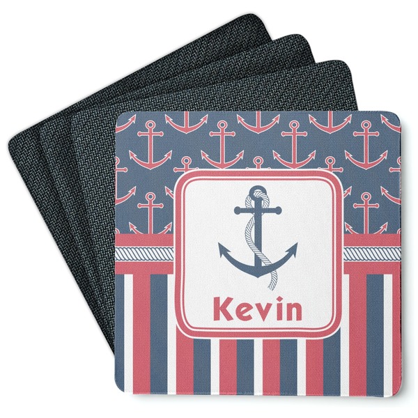 Custom Nautical Anchors & Stripes Square Rubber Backed Coasters - Set of 4 (Personalized)