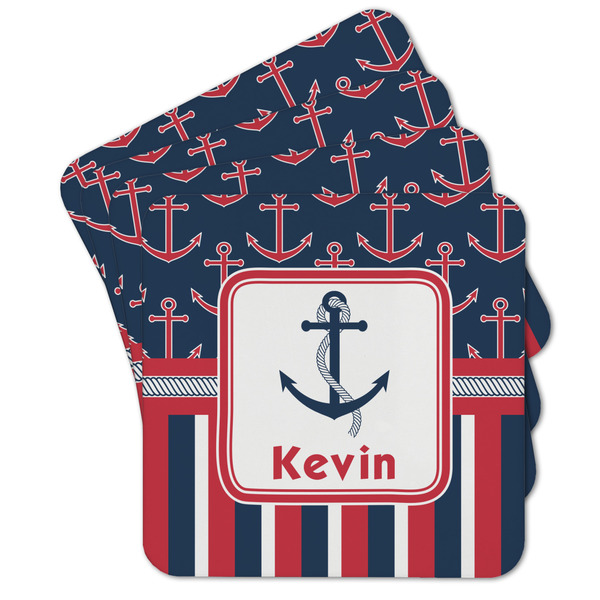 Custom Nautical Anchors & Stripes Cork Coaster - Set of 4 w/ Name or Text