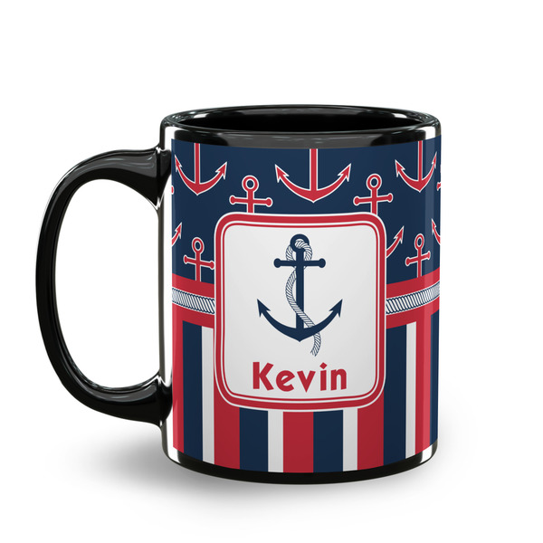 Nautical Anchors & Stripes Coffee Mug - 11 oz - Black
