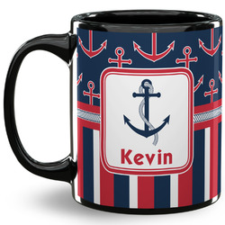 Nautical Anchors & Stripes 11 Oz Coffee Mug - Black (Personalized)