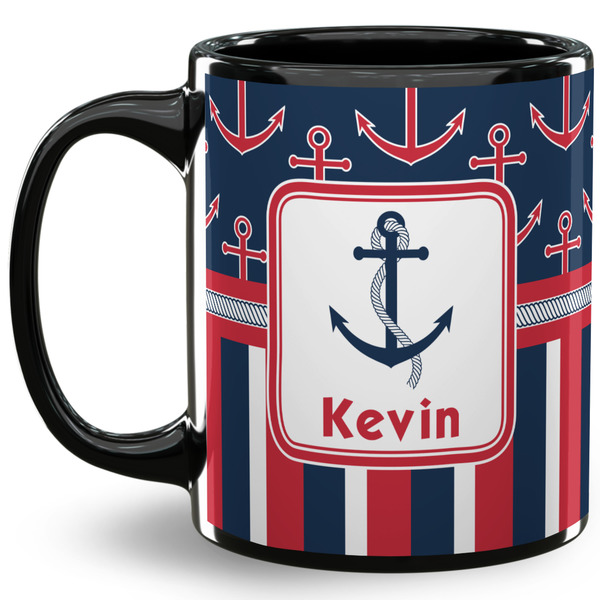 Custom Nautical Anchors & Stripes 11 Oz Coffee Mug - Black (Personalized)