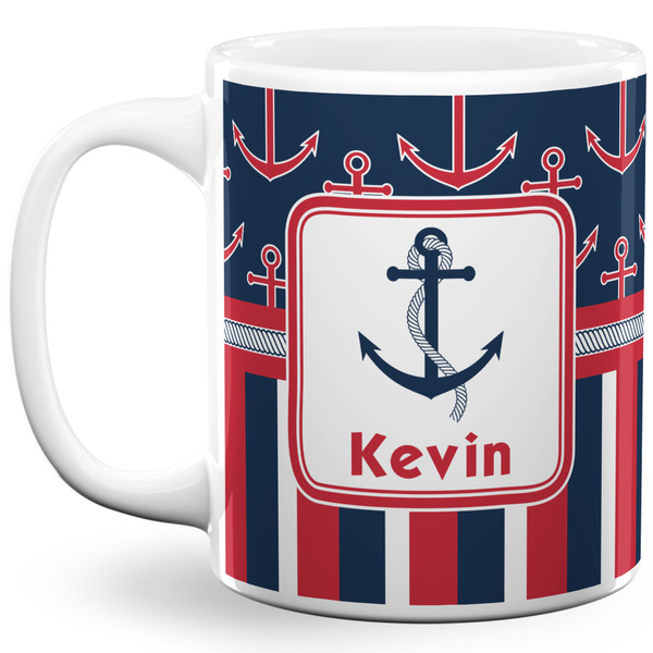 Custom Nautical Anchors & Stripes 11 Oz Coffee Mug - White (Personalized)
