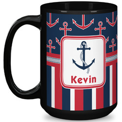 Nautical Anchors & Stripes 15 Oz Coffee Mug - Black (Personalized)