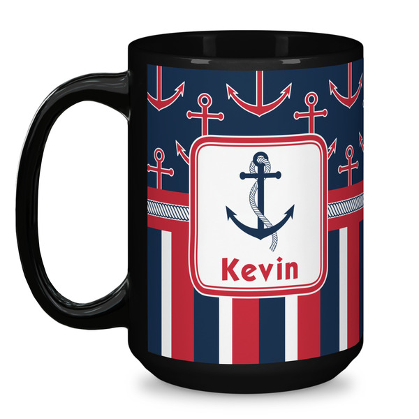 Nautical Anchors & Stripes Coffee Mug - 15 oz - Black