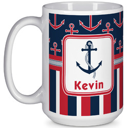 Nautical Anchors & Stripes 15 Oz Coffee Mug - White (Personalized)