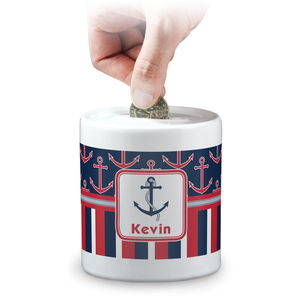 Custom Nautical Anchors & Stripes Coin Bank (Personalized)