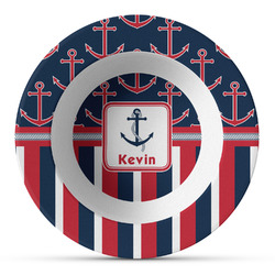 Nautical Anchors & Stripes Plastic Bowl - Microwave Safe - Composite Polymer (Personalized)