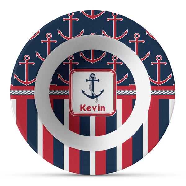 Custom Nautical Anchors & Stripes Plastic Bowl - Microwave Safe - Composite Polymer (Personalized)