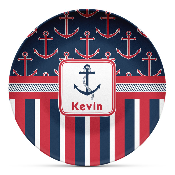 Custom Nautical Anchors & Stripes Microwave Safe Plastic Plate - Composite Polymer (Personalized)