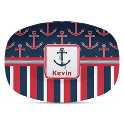 Nautical Anchors & Stripes Plastic Platter - Microwave & Oven Safe Composite Polymer (Personalized)