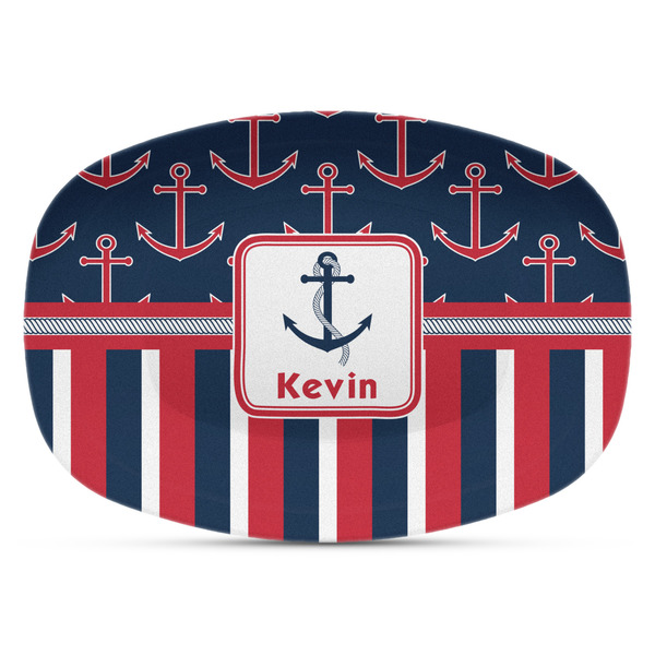Custom Nautical Anchors & Stripes Plastic Platter - Microwave & Oven Safe Composite Polymer (Personalized)