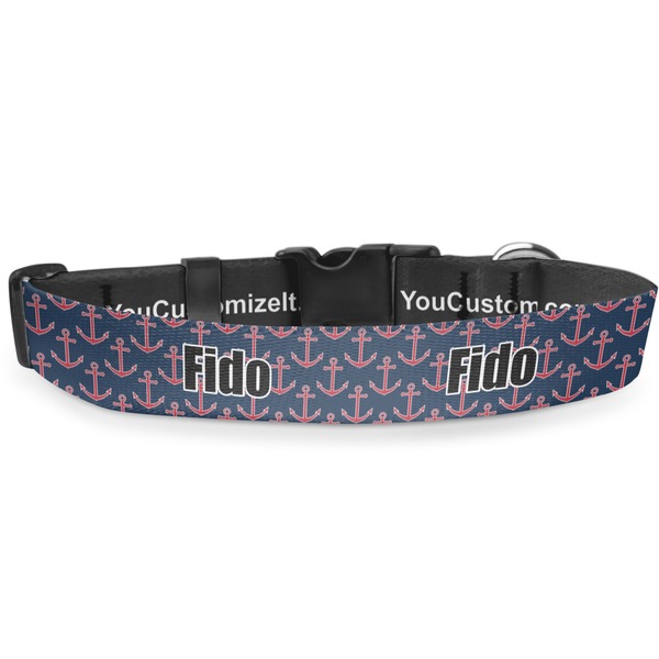 Custom Nautical Anchors & Stripes Deluxe Dog Collar - Extra Large (16" to 27") (Personalized)