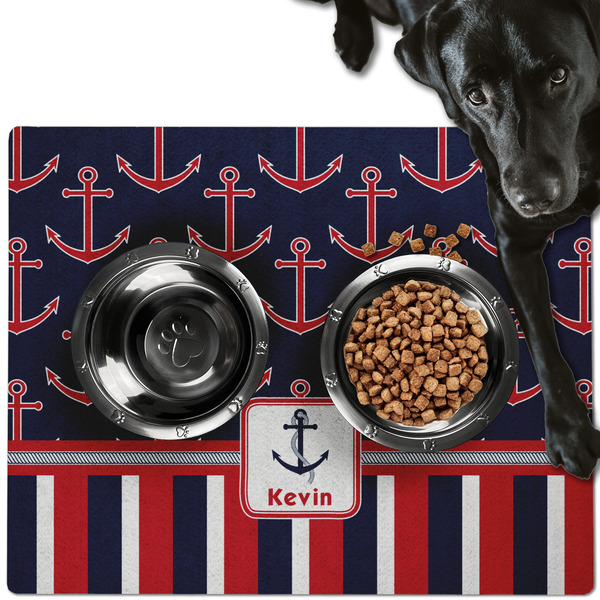 Custom Nautical Anchors & Stripes Dog Food Mat - Large w/ Name or Text