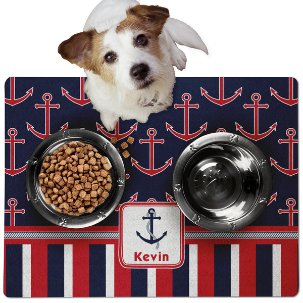Custom Nautical Anchors & Stripes Dog Food Mat - Medium w/ Name or Text