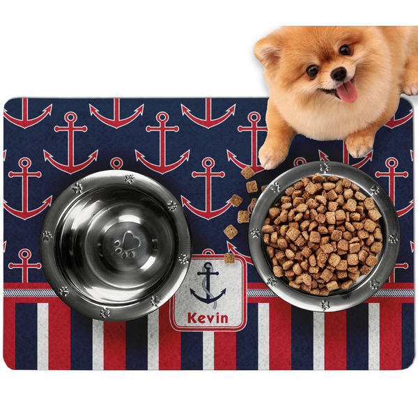 Custom Nautical Anchors & Stripes Dog Food Mat - Small w/ Name or Text