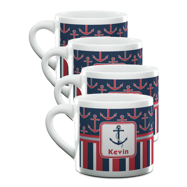 Custom Nautical Anchors & Stripes Double Shot Espresso Cups - Set of 4 (Personalized)